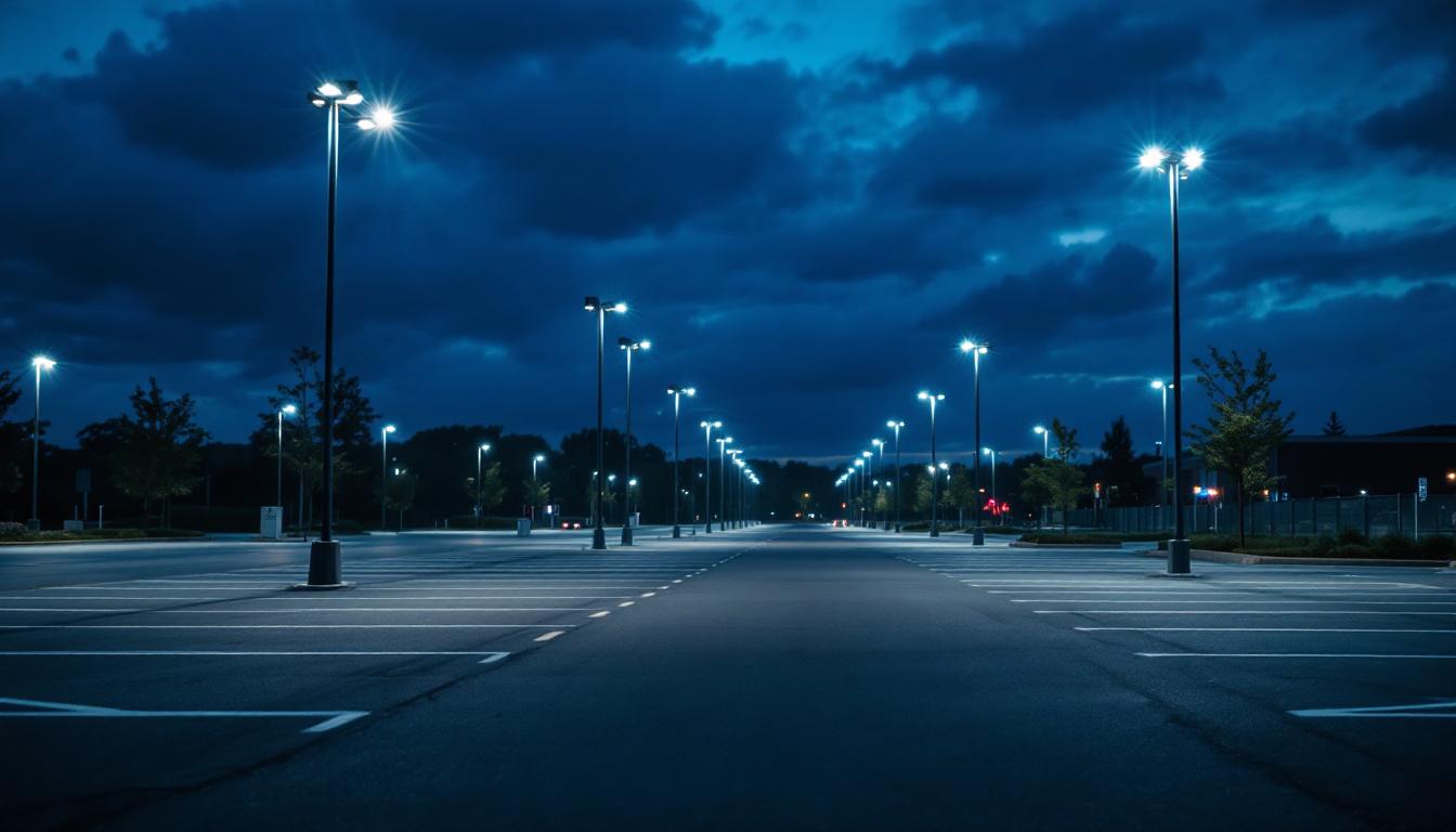 A photograph of a well-lit commercial parking lot at dusk
