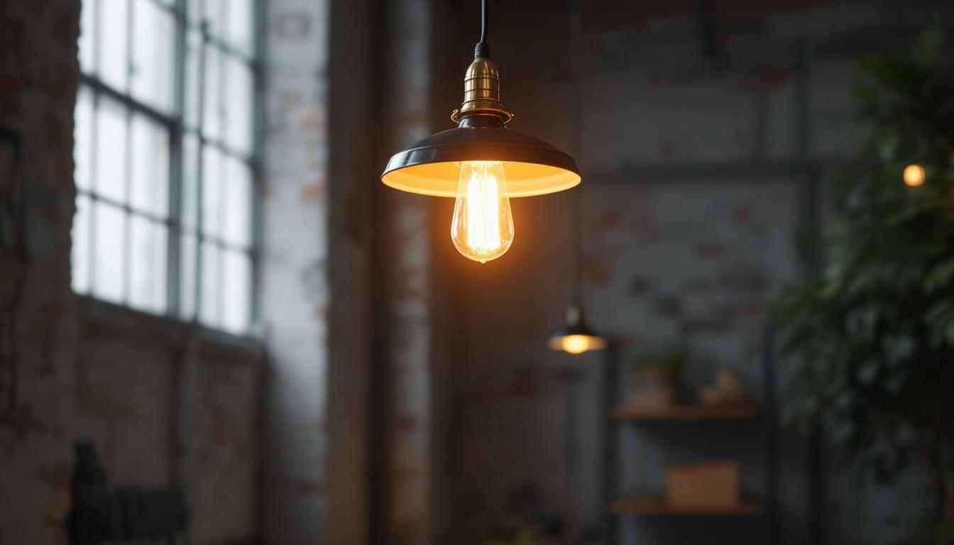 A photograph of a stylish goose neck light fixture illuminating a modern industrial space