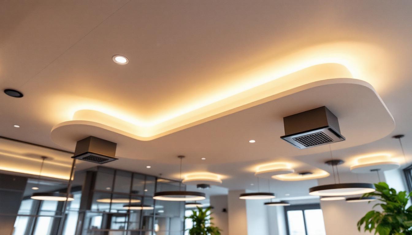 A photograph of a modern drop ceiling installation featuring stylish lighting fixtures that highlight the interplay between the ceiling design and ambient illumination