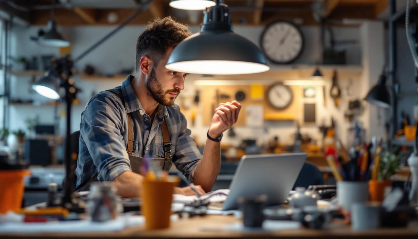A photograph of capture a photograph of a well-lit workspace featuring an electrical engineer examining a hi-hat light fixture