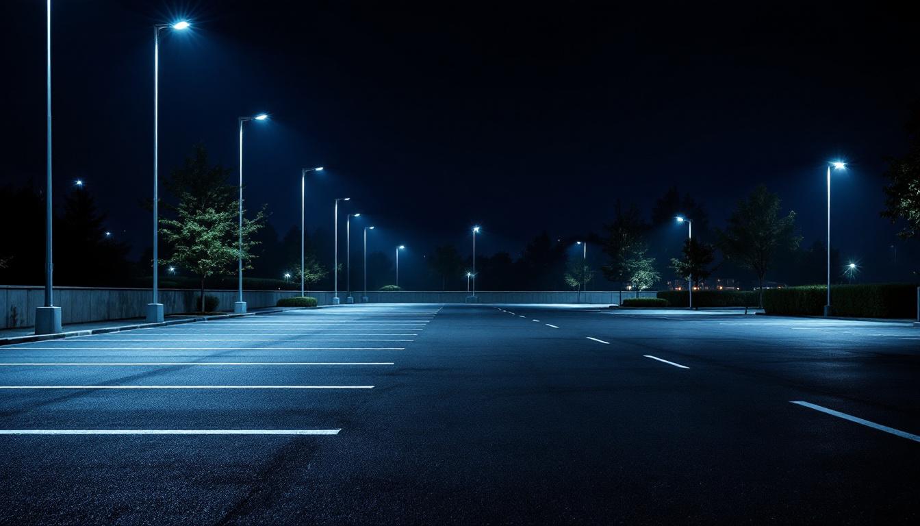 A photograph of a well-lit parking lot at night
