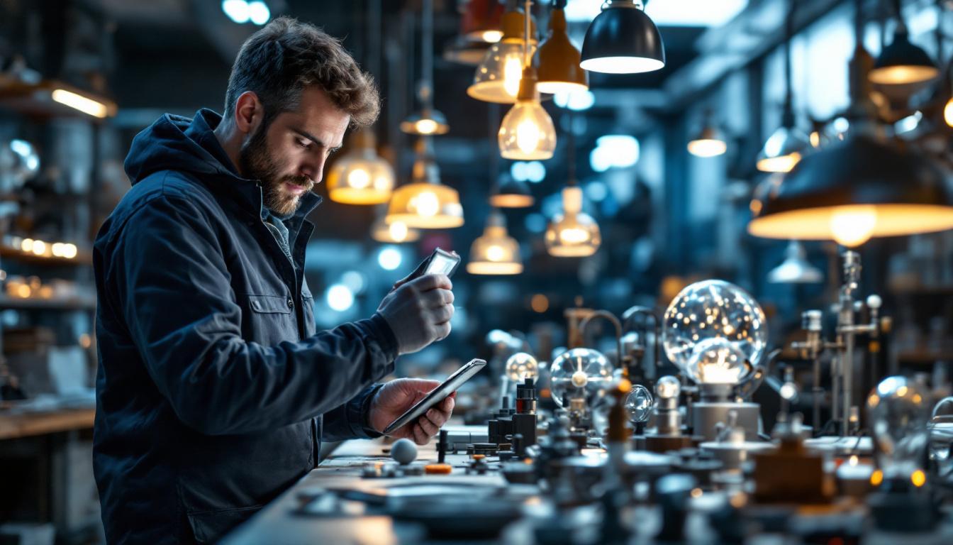 A photograph of a skilled engineer meticulously examining a variety of lighting fixtures and designs in a well-lit workshop