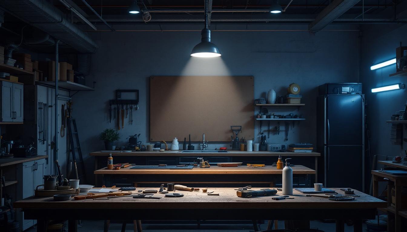 A photograph of a well-lit workshop or garage featuring a 6 ft led shop light illuminating the workspace
