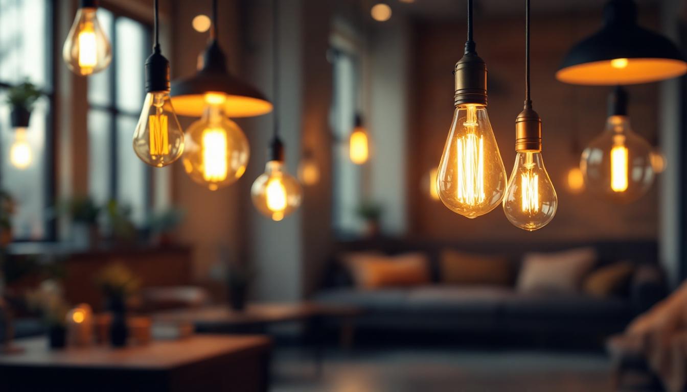 A photograph of a well-lit interior space showcasing various lighting designs that prominently feature american-made light bulbs