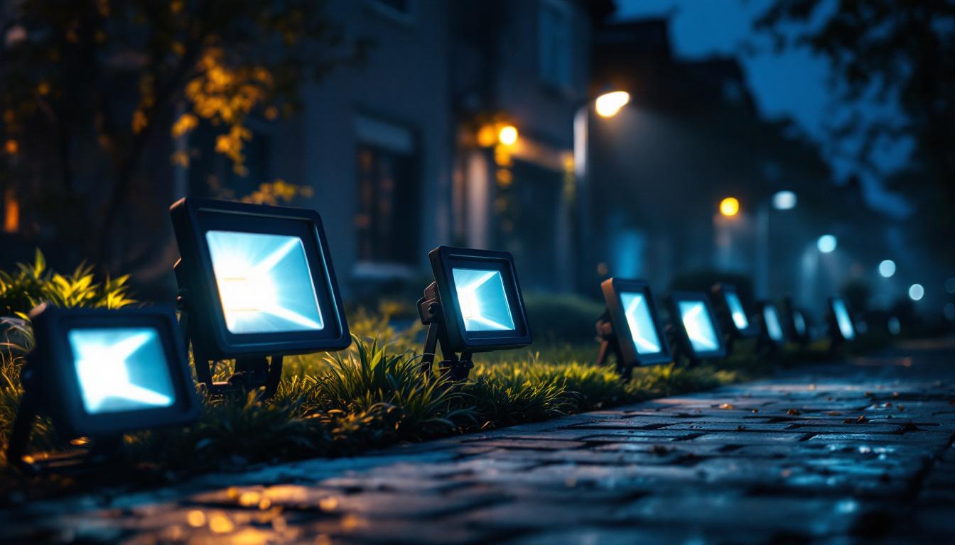 A photograph of a well-lit outdoor scene showcasing various flood lights in action