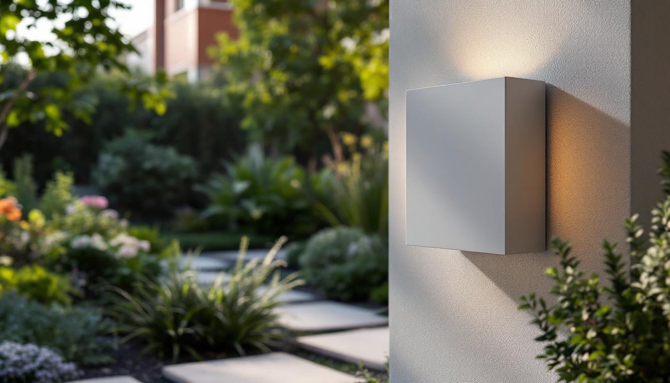 A photograph of a well-designed outdoor light fixture box installed in a beautifully landscaped garden