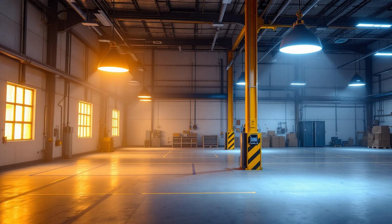 A photograph of a well-lit industrial or commercial space showcasing led low bay fixtures in action