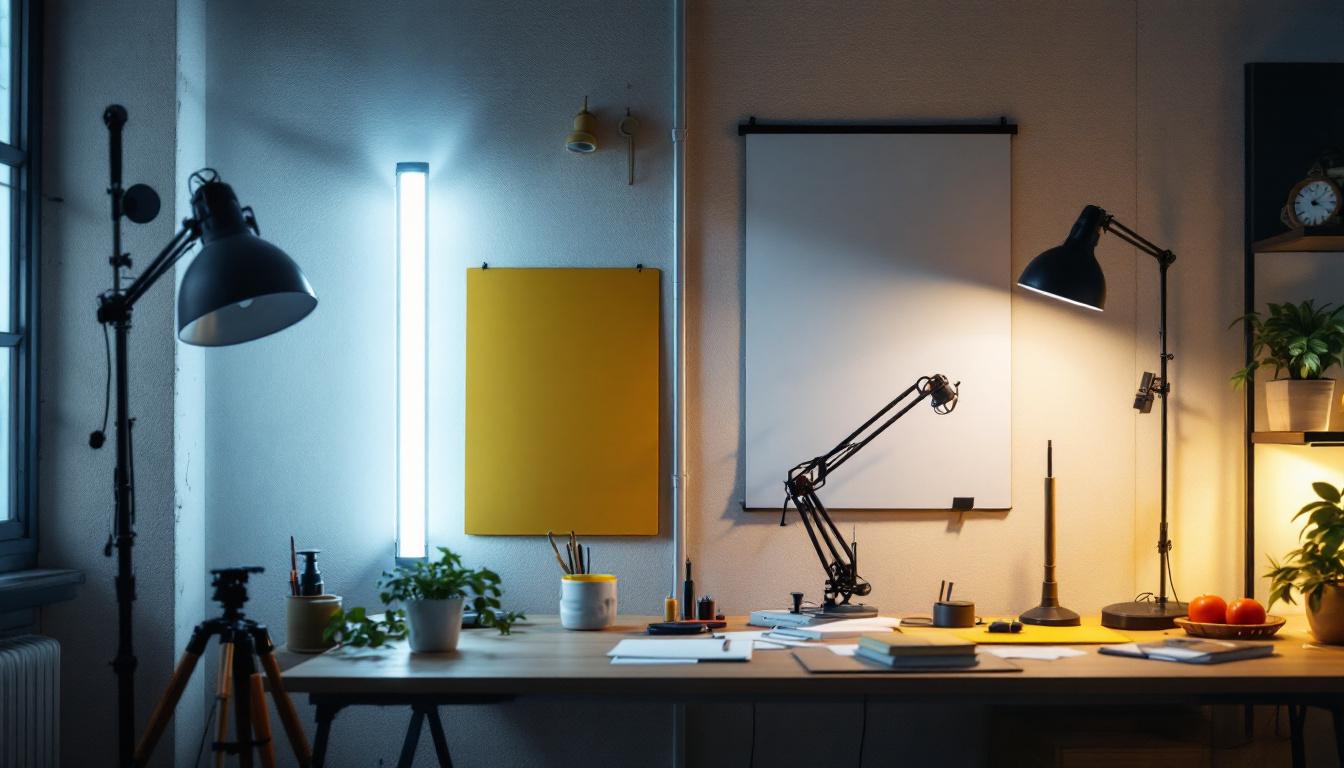 A photograph of a well-lit workspace featuring a side-by-side comparison of an 8-foot fluorescent tube and its led replacement