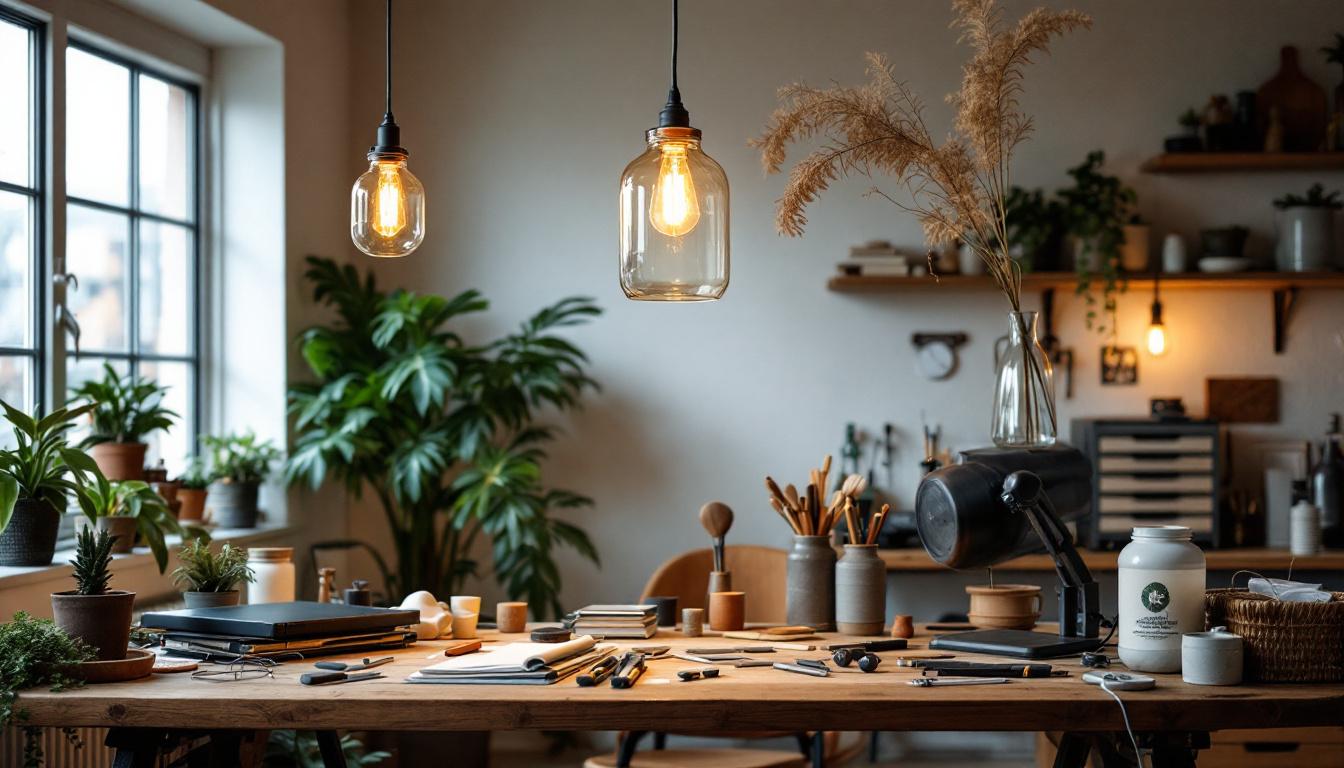 A photograph of a well-lit workspace showcasing a stylish jelly jar fixture installed in a modern setting