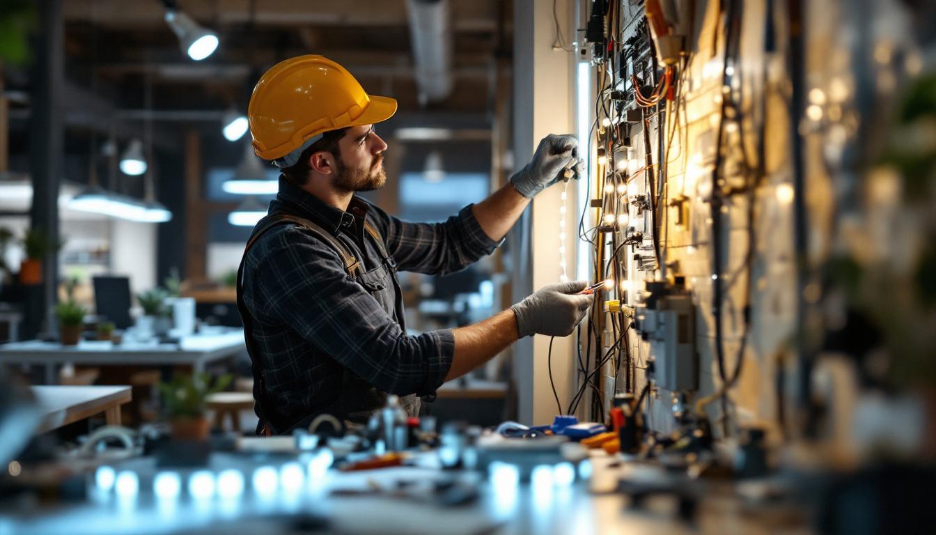 A photograph of a skilled electrical engineer working on the installation or replacement of led strip lights