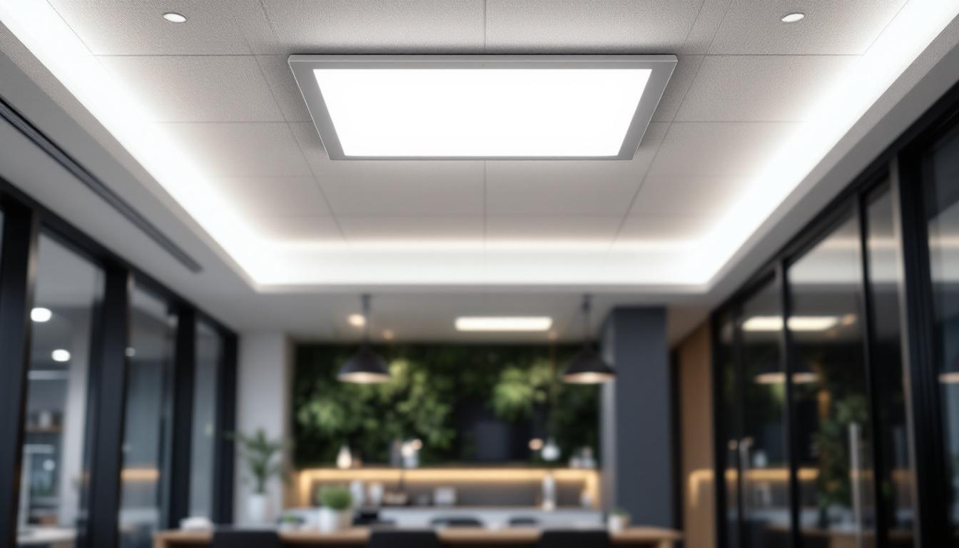 A photograph of a well-lit commercial space showcasing a 1x4 led fixture installed in a modern ceiling