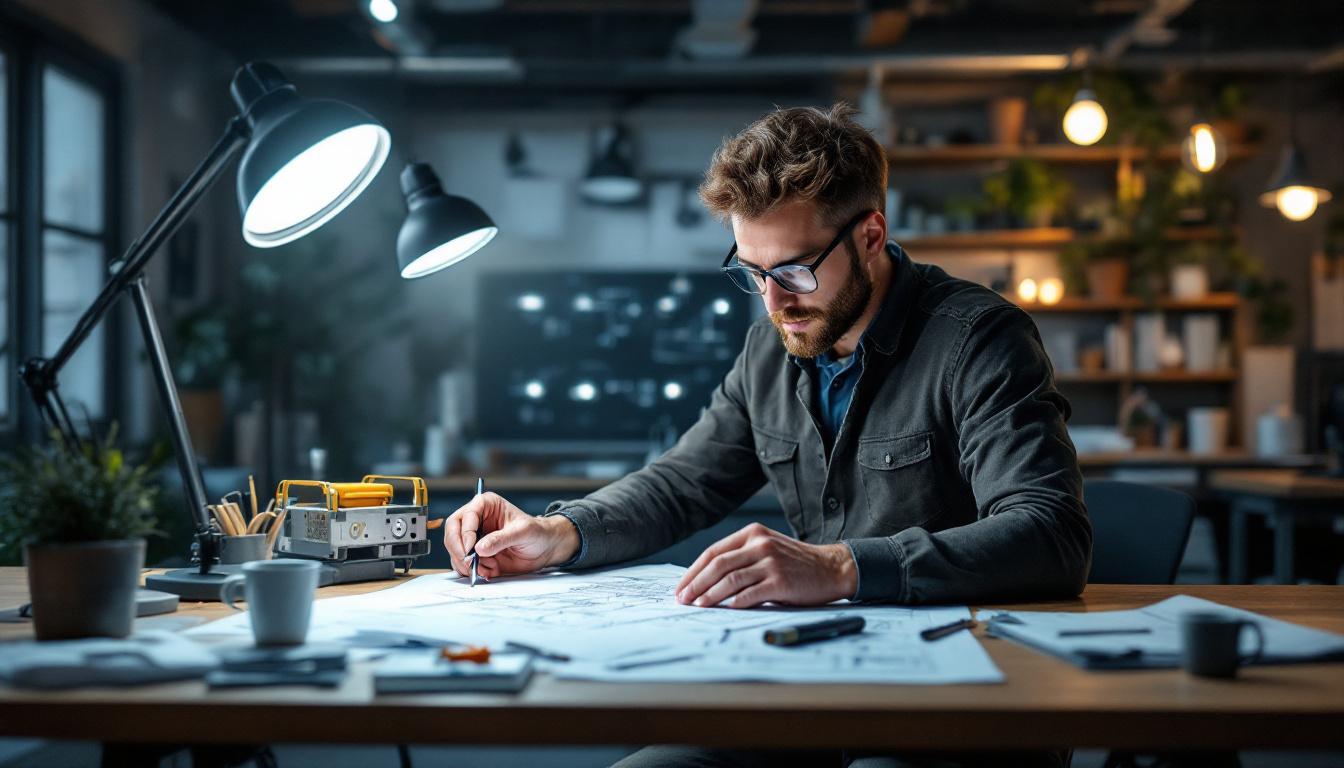 A photograph of a well-lit workspace showcasing an engineer examining led bypass lamps alongside various lighting project tools and blueprints
