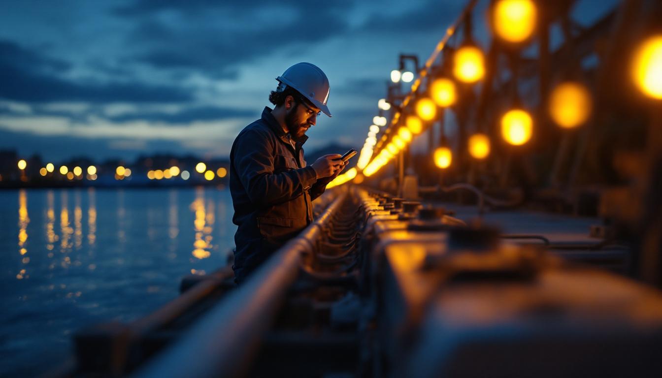 A photograph of a well-designed dock light led installation at dusk
