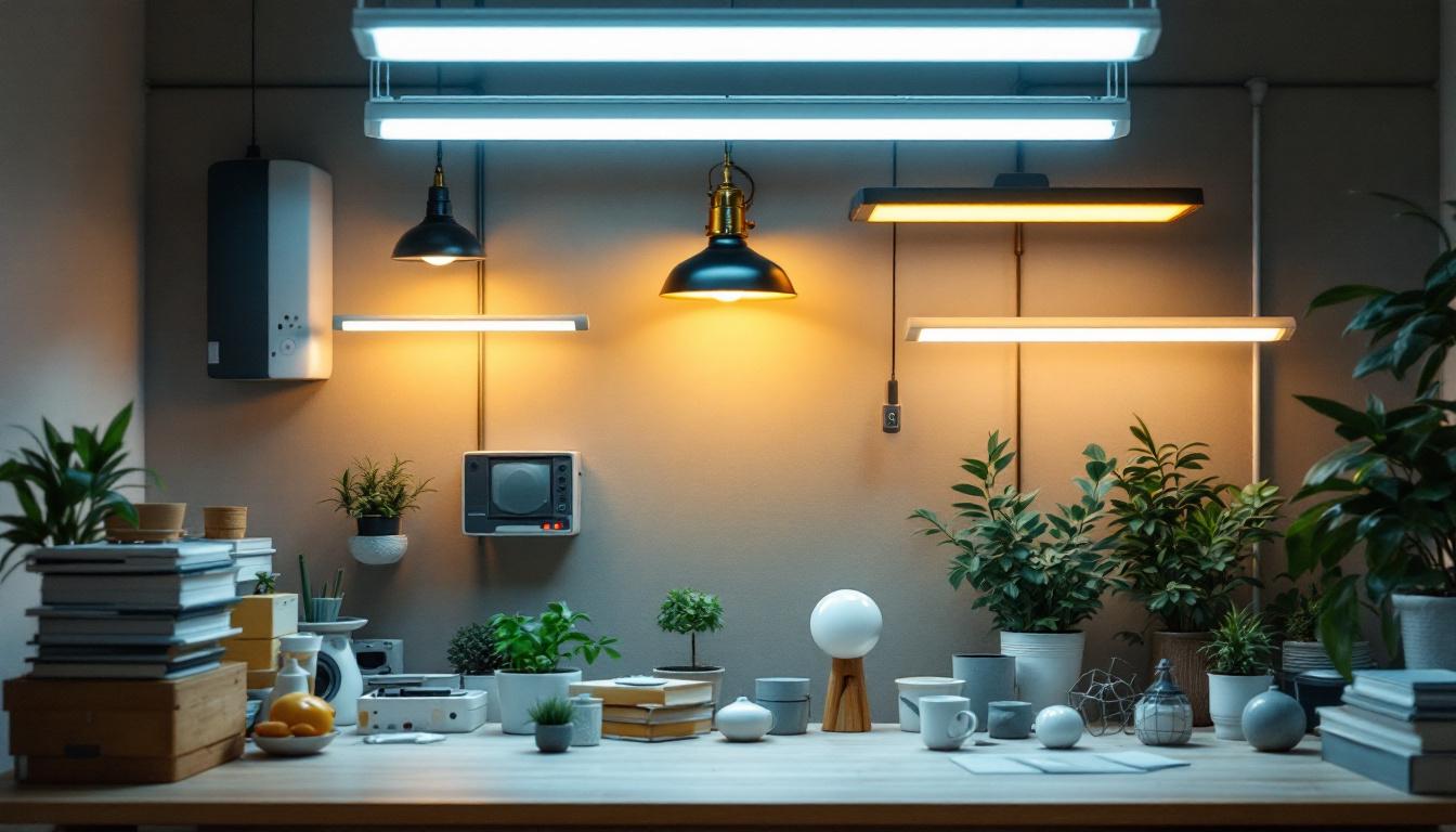 A photograph of a well-organized workspace featuring a variety of fluorescent light fixtures in different styles and color temperatures