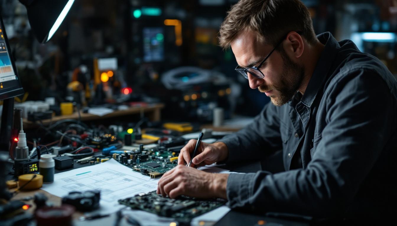 A photograph of a focused electrical engineer working on a complex circuit board