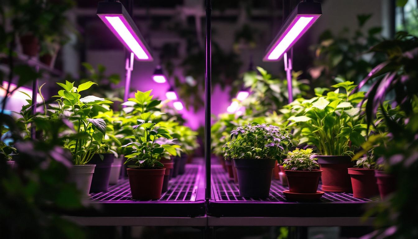 A photograph of a side-by-side comparison of t5 and t8 grow lights in a well-lit indoor garden setting