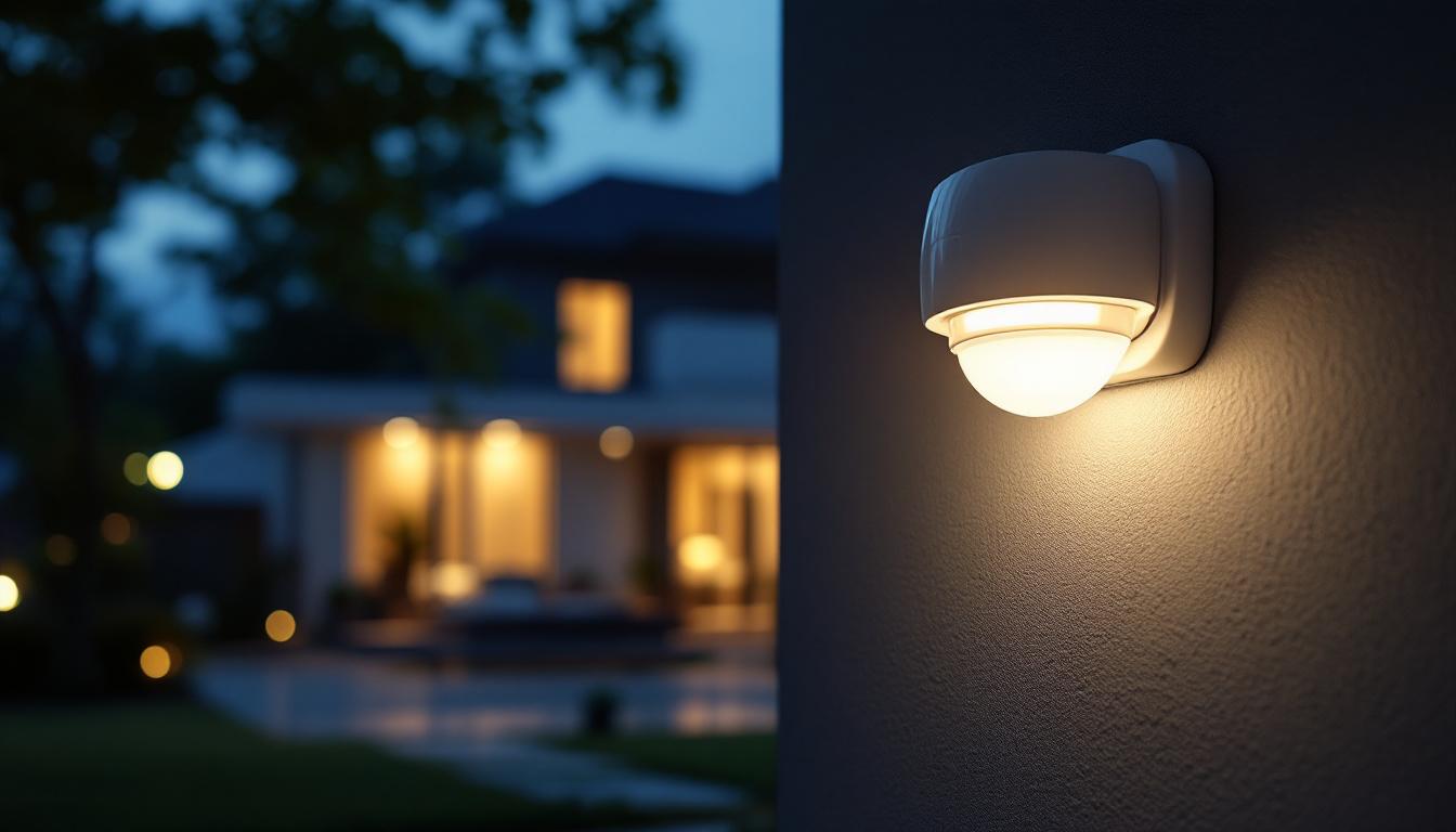 A photograph of a modern automatic lighting sensor installed in a residential or commercial setting