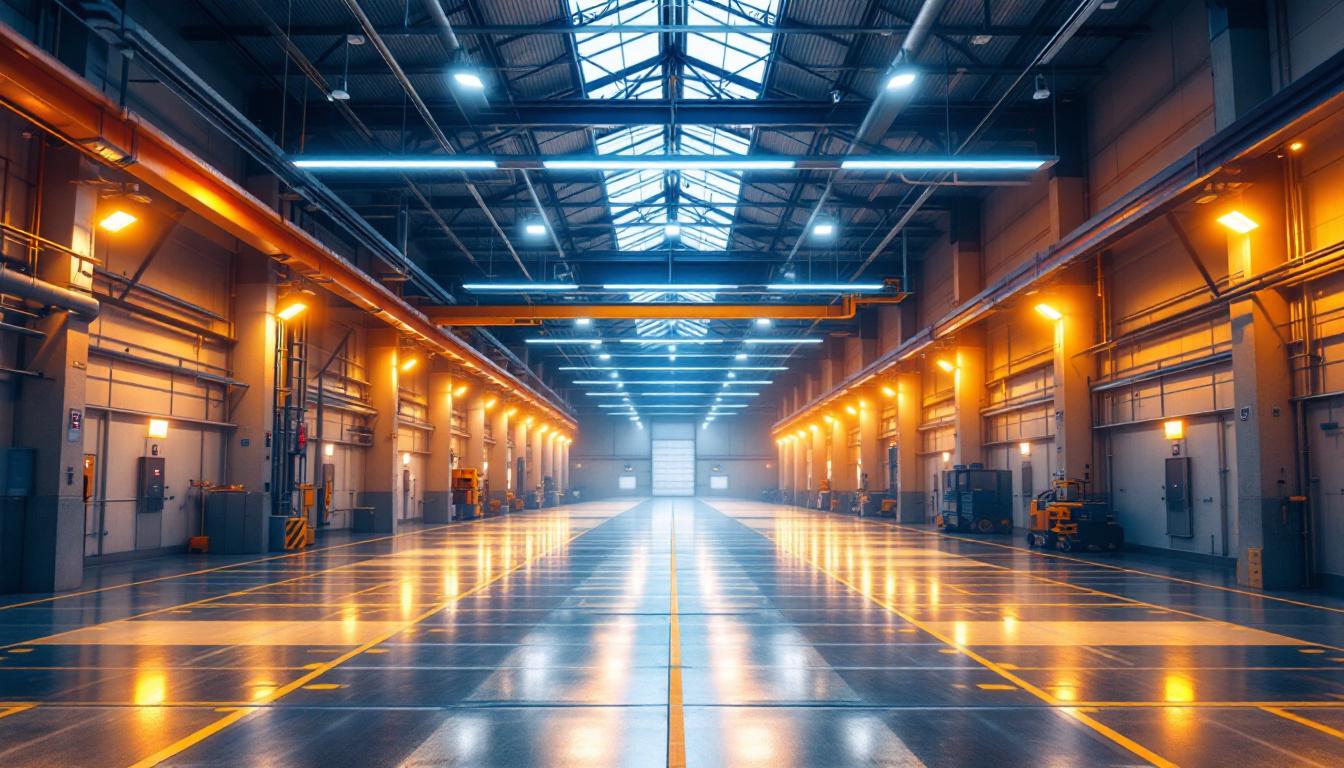 A photograph of a spacious industrial or commercial setting illuminated by sleek led linear high bay lights
