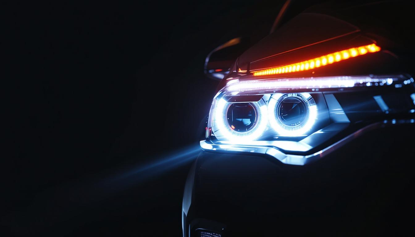 A photograph of a close-up shot of high-quality american-made led headlights installed on a vehicle