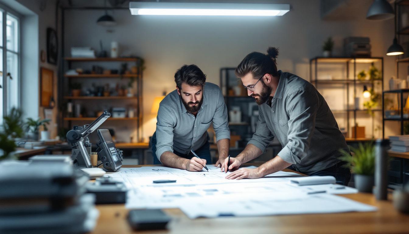 A photograph of a well-lit engineering workspace featuring a 4-foot led light fixture