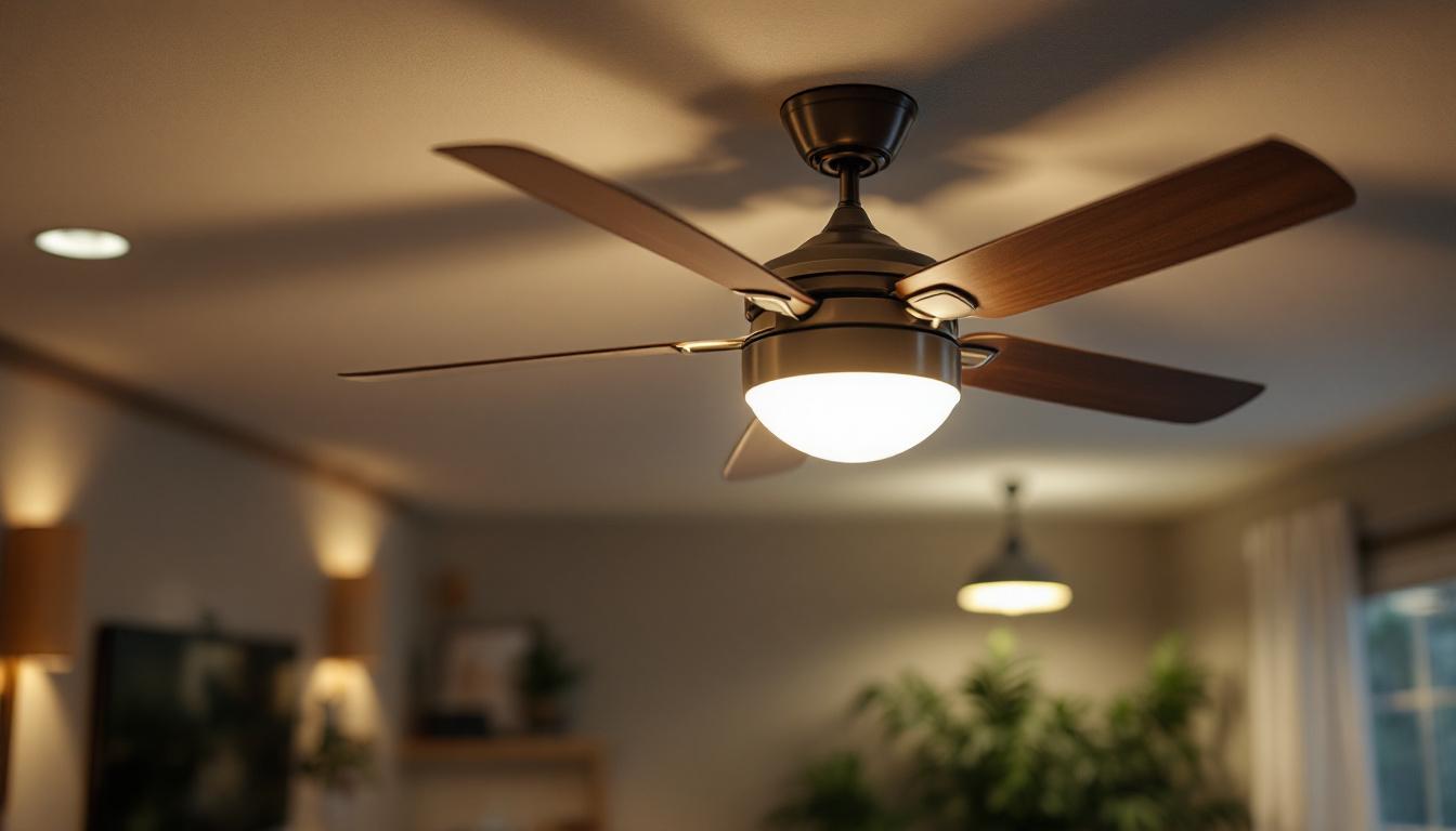 A photograph of a stylish ceiling fan in a well-lit room