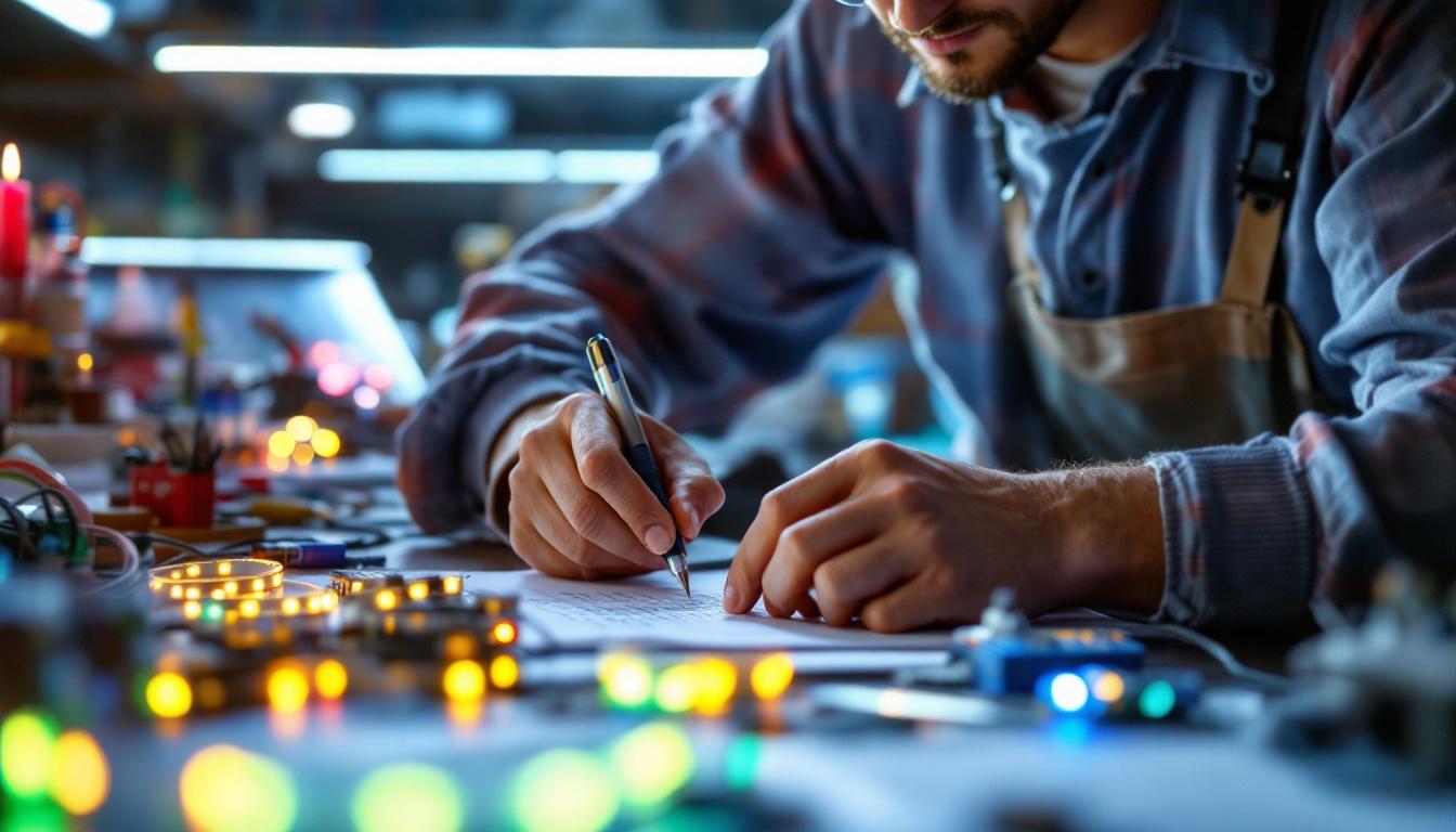 A photograph of a skilled electrical engineer working with led light strips