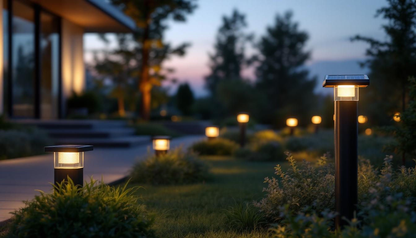 A photograph of a modern urban setting featuring sleek bollard solar lights illuminating a pathway or garden area at dusk