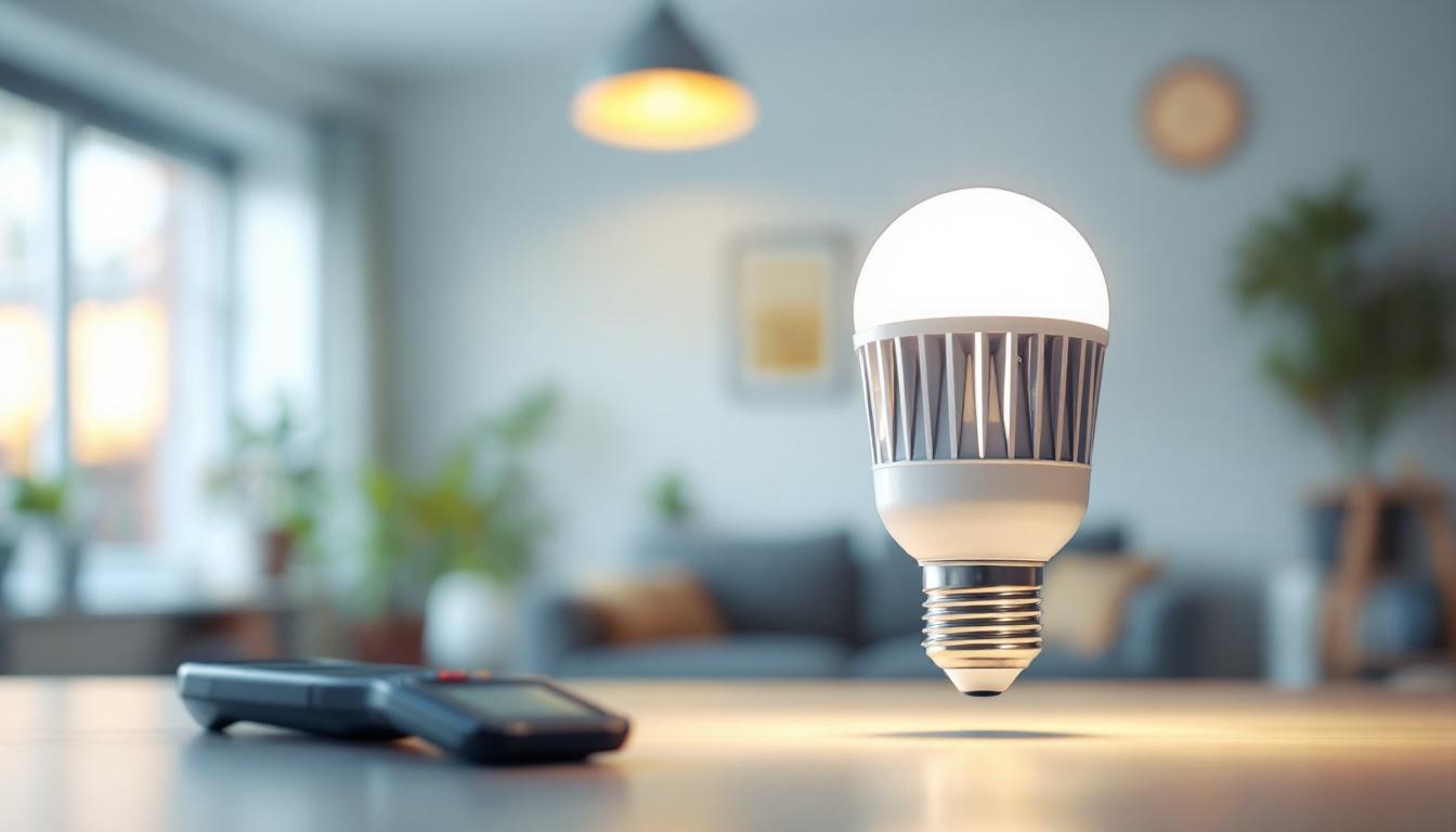 A photograph of a type s led light bulb illuminated in a well-lit room