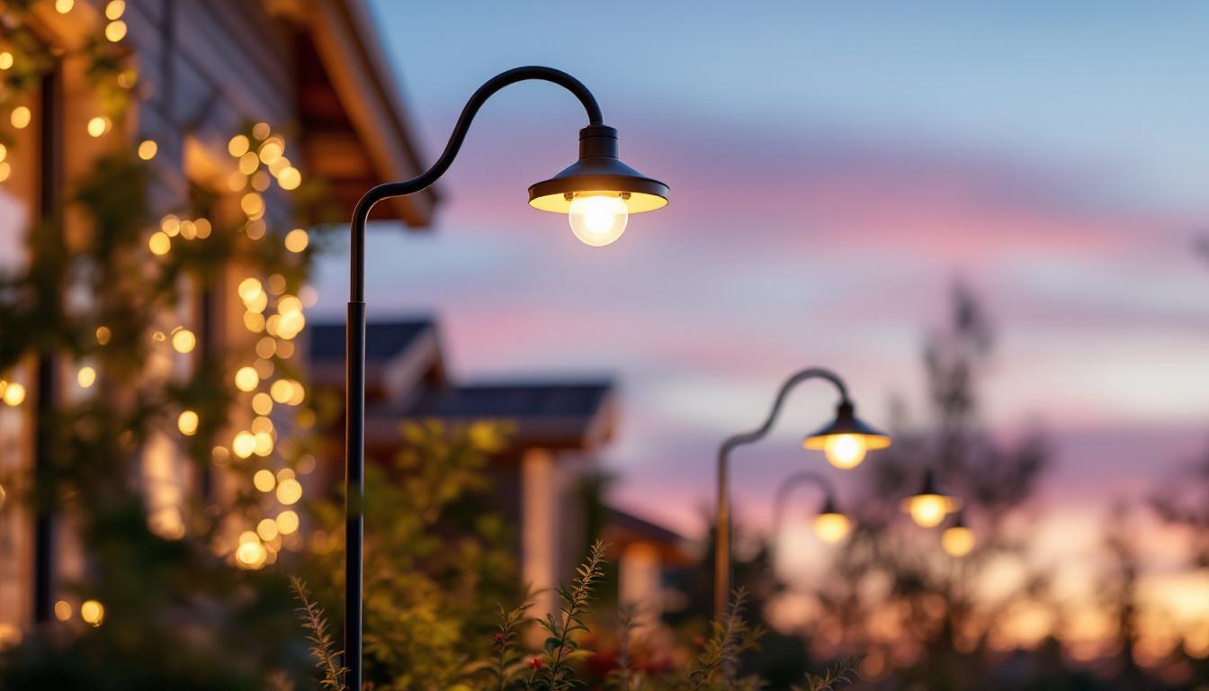 A photograph of a beautifully illuminated outdoor space featuring gooseneck lighting fixtures