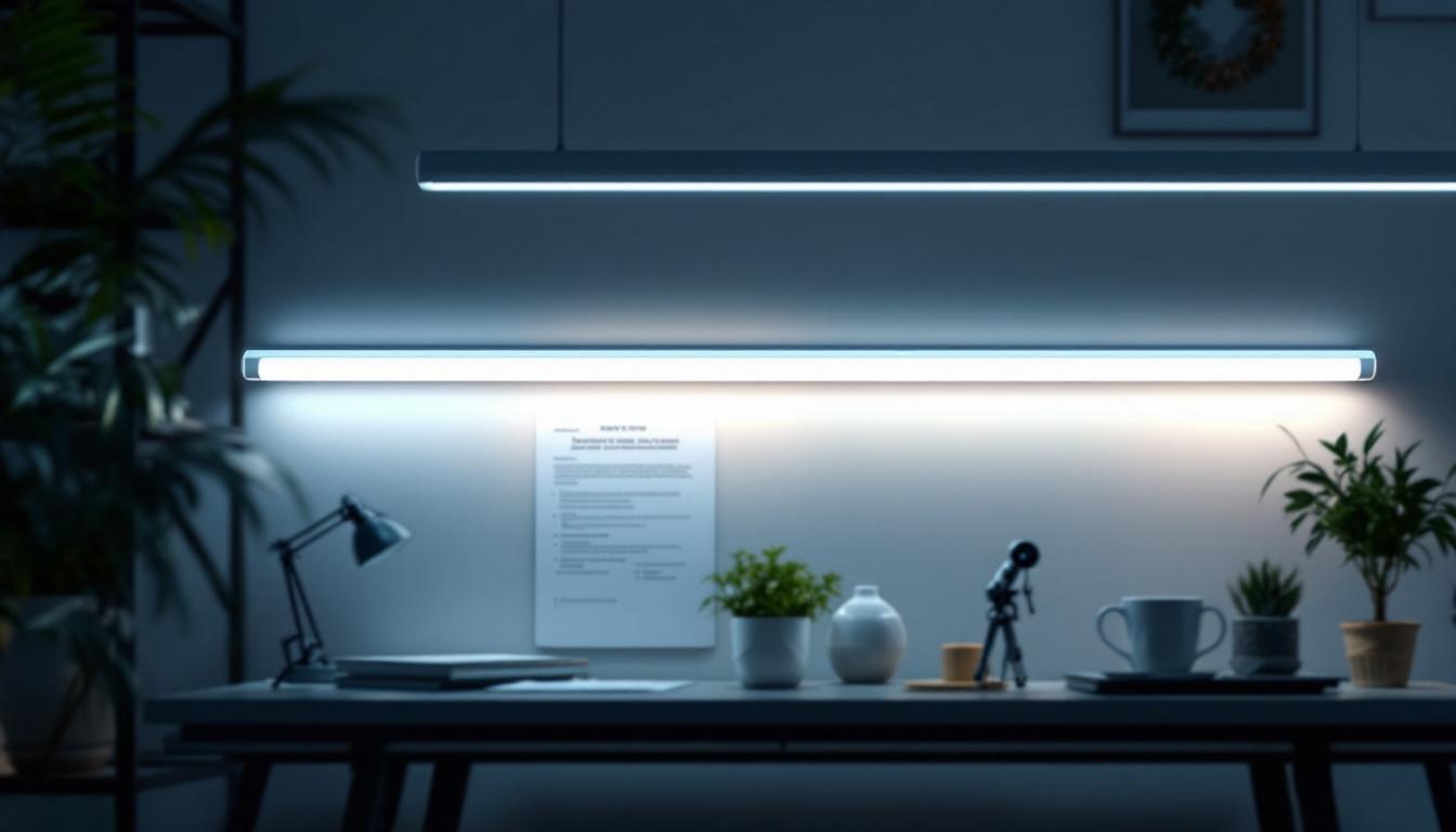 A photograph of a well-lit workspace featuring f8t5 led tubes in use