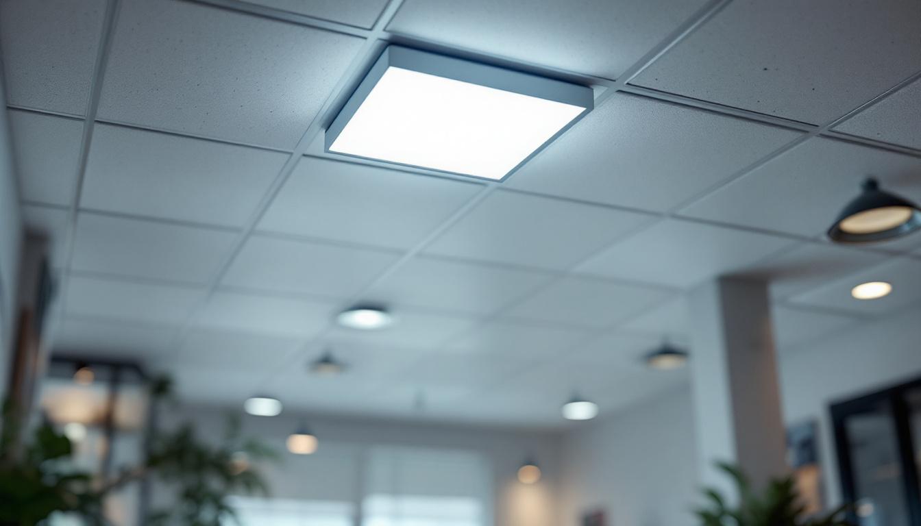 A photograph of a well-lit commercial space featuring a 2x4 troffer light installed in the ceiling