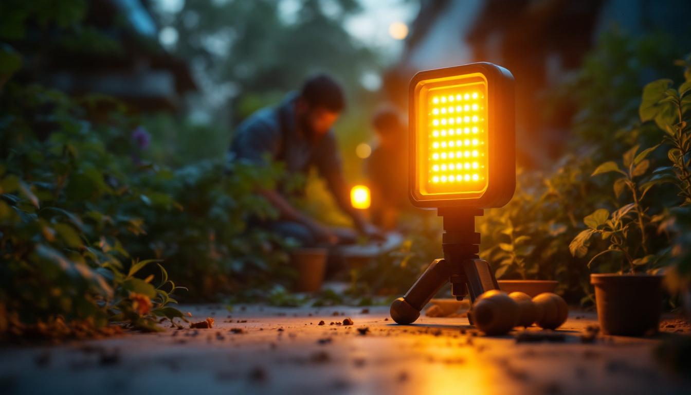 A photograph of a led temporary work light illuminating a workspace