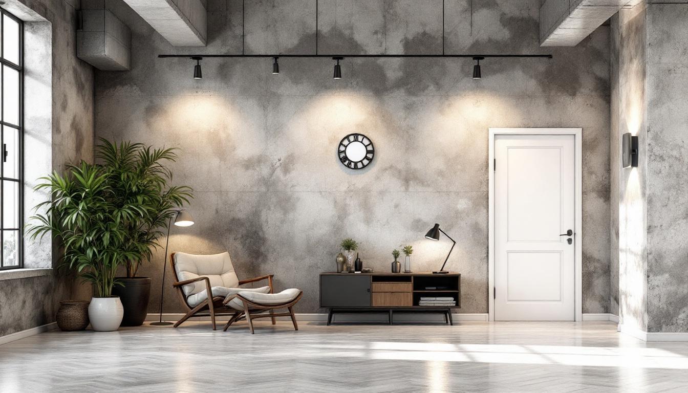 A photograph of a stylishly designed interior space showcasing a contrast between industrial and commercial lighting elements