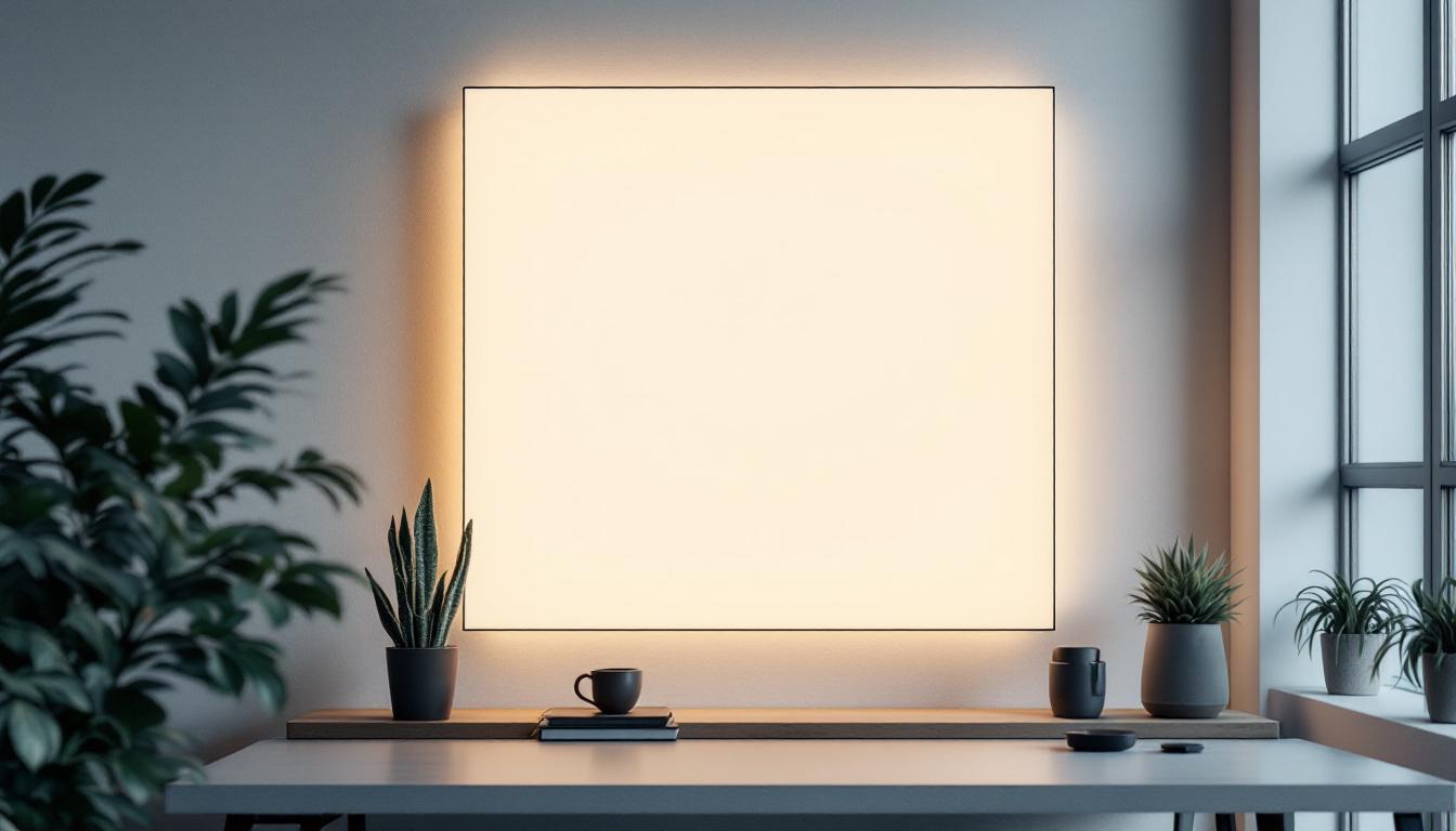 A photograph of a sleek 2x4 light panel installed in a modern workspace