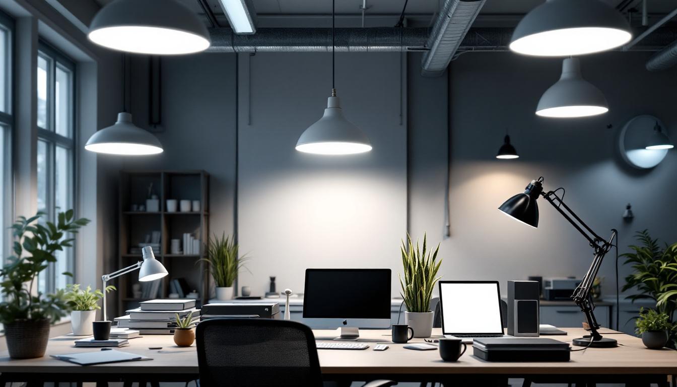 A photograph of a well-lit workspace featuring various types of lighting fixtures with visible ballasts