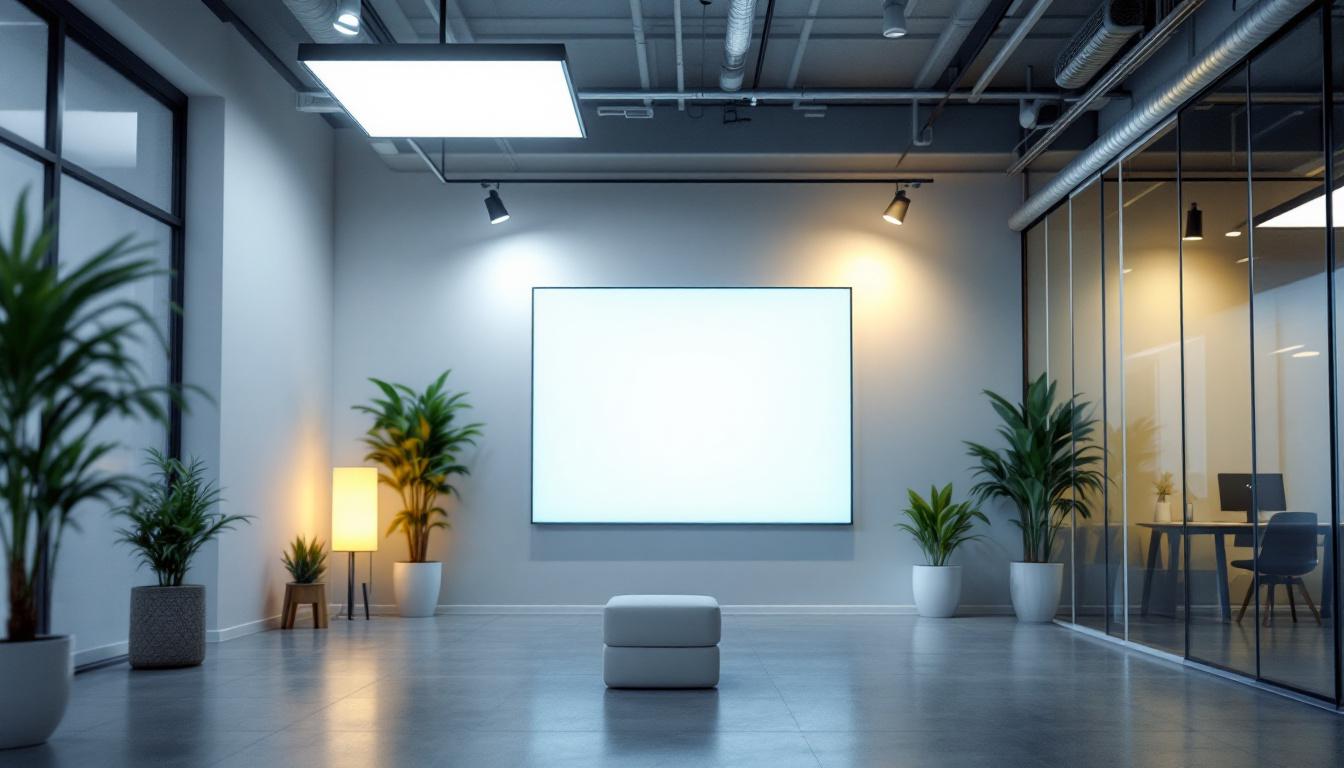 A photograph of a modern office space illuminated by sleek 2x4 flat panel led lights