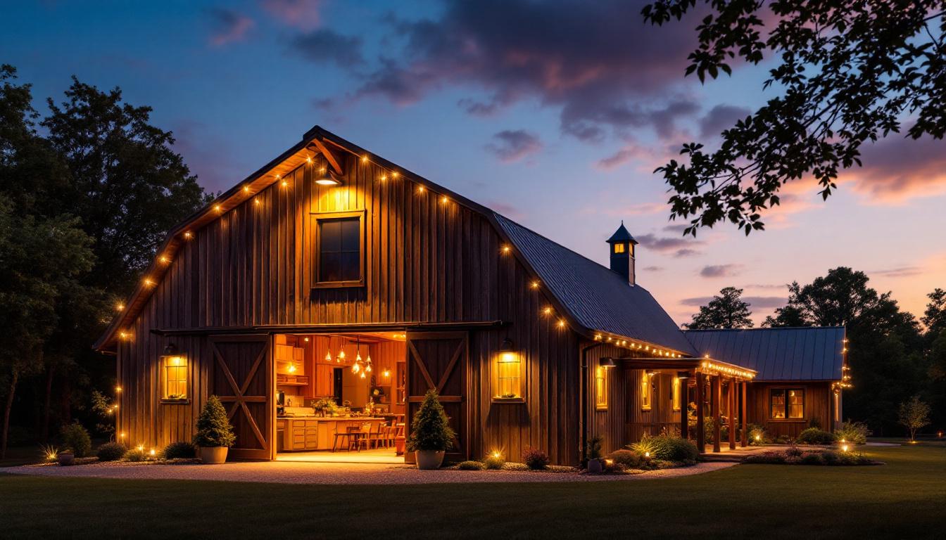 A photograph of a beautifully lit exterior barn showcasing various lighting fixtures in use during twilight