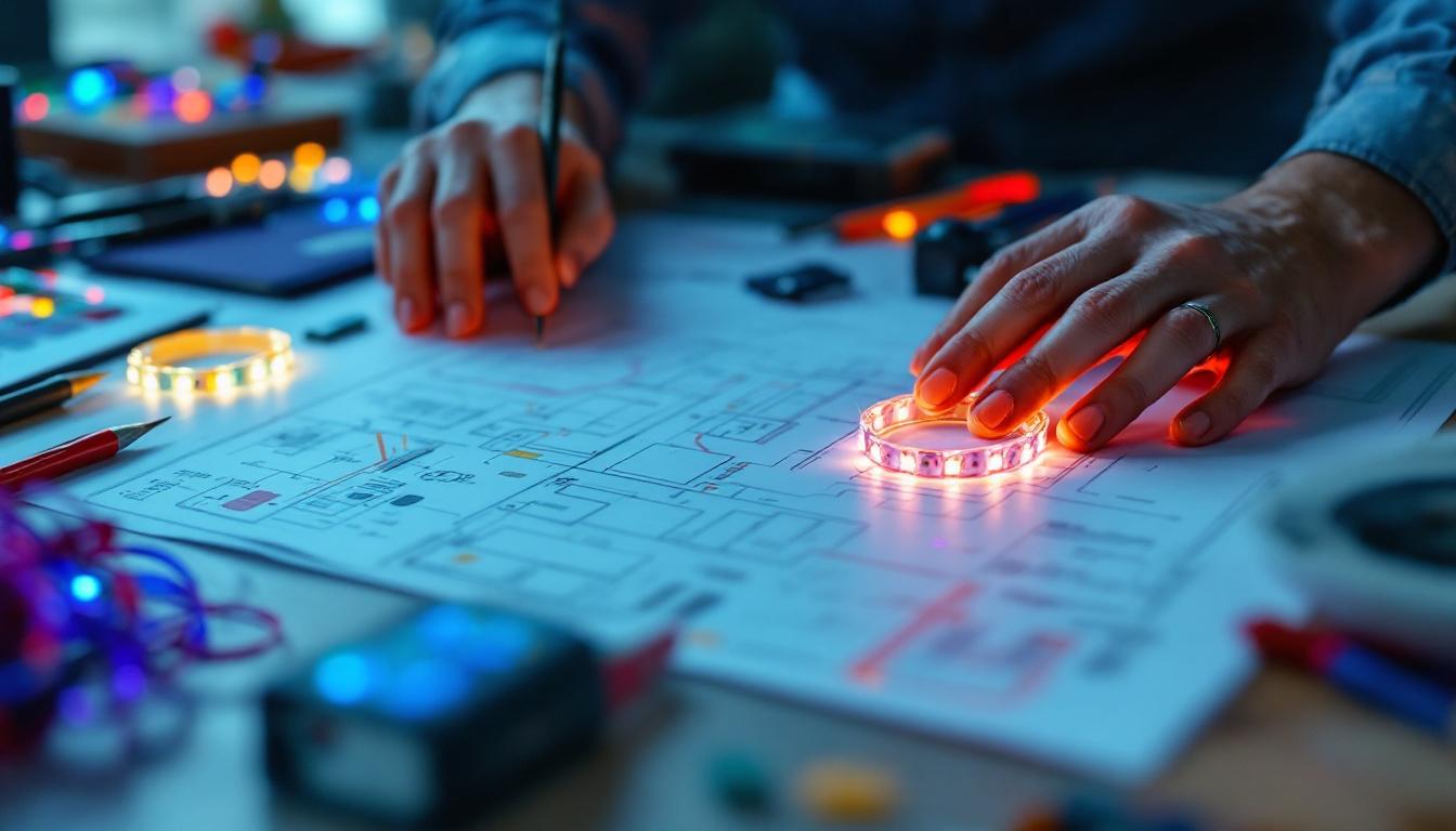 A photograph of a skilled electrical engineer working on a design blueprint for led strip lighting
