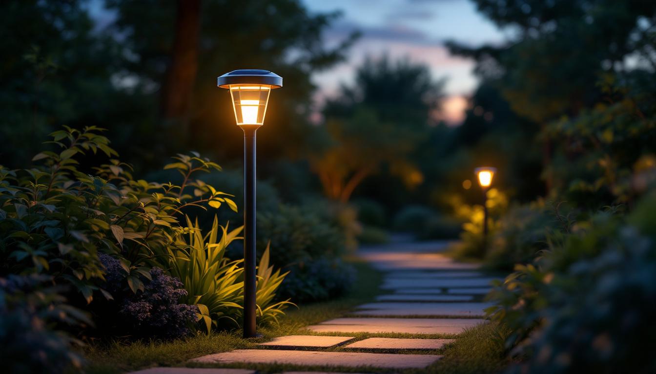 A photograph of a beautifully designed solar pole lantern illuminating a garden pathway at dusk