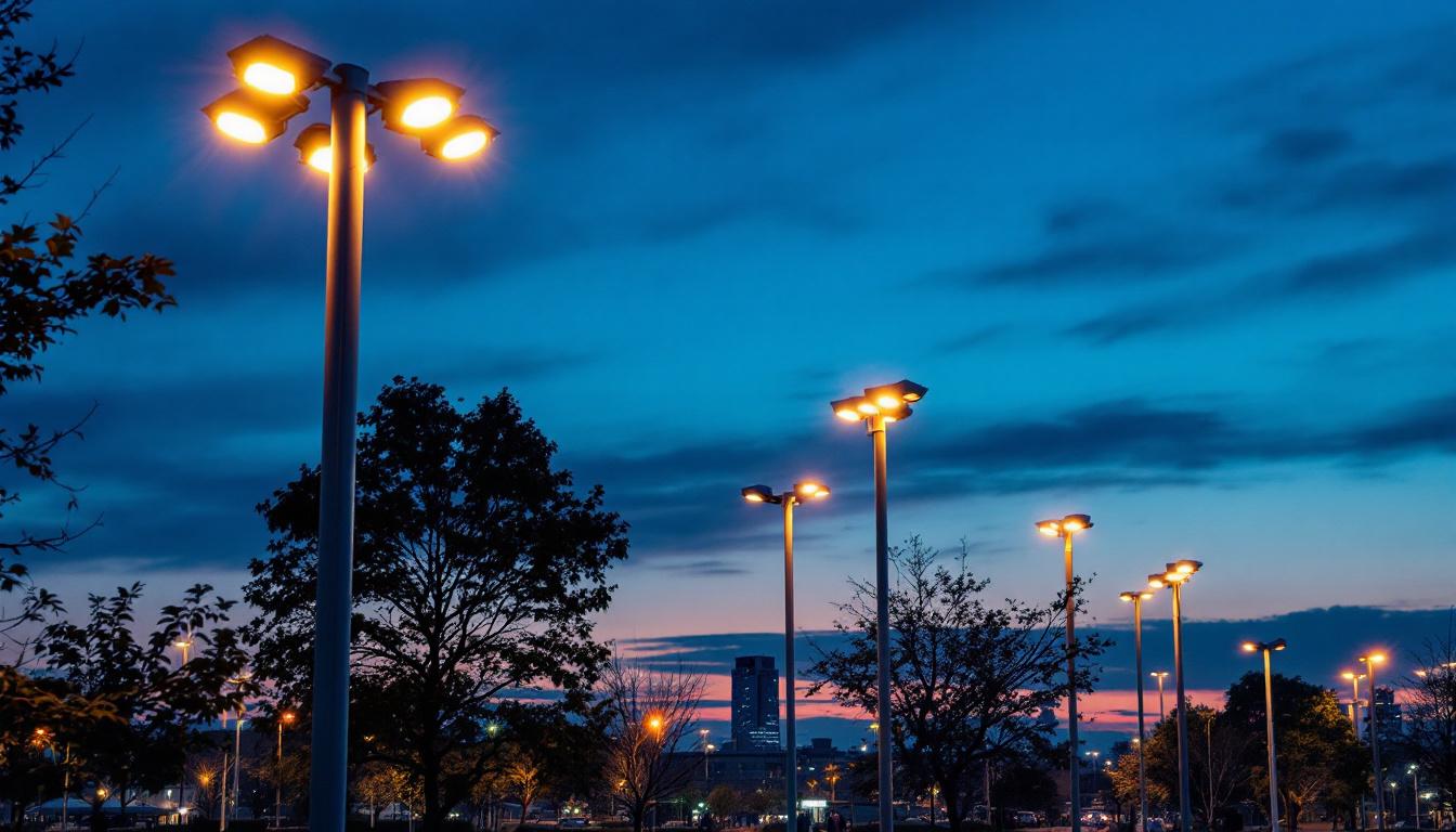 A photograph of a well-lit outdoor setting showcasing various lighting poles in use