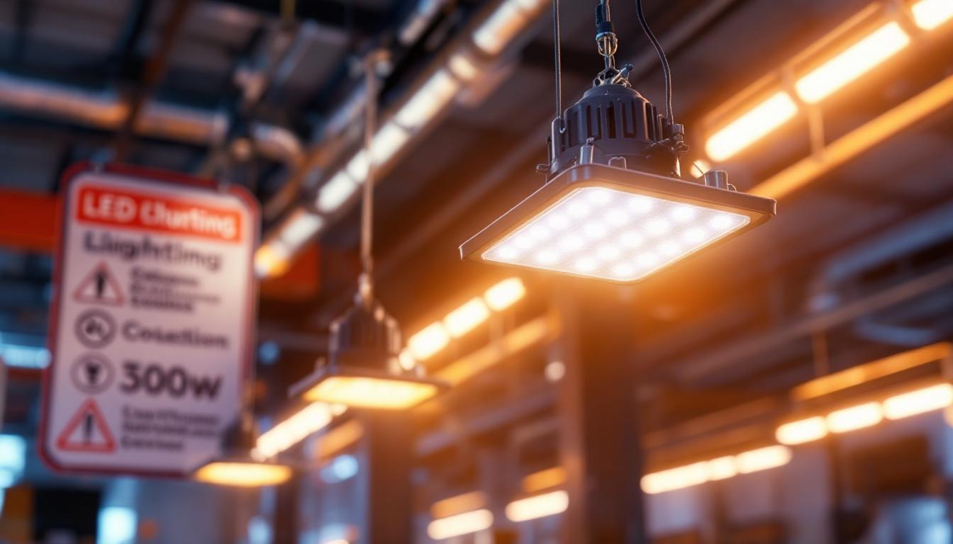 A photograph of a 300w led light installation in an industrial or commercial setting