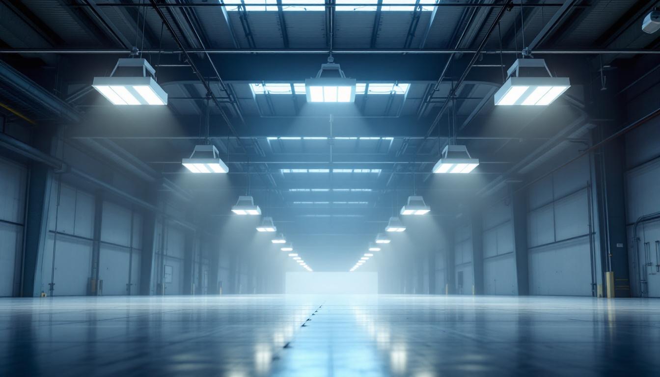 A photograph of a modern industrial space showcasing sleek low bay lighting fixtures illuminating a warehouse or production area