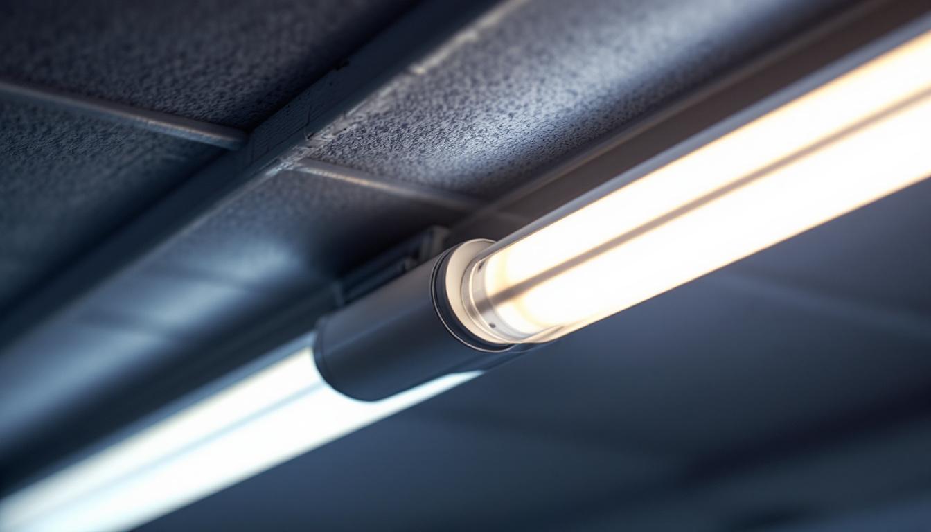 A photograph of a close-up view of a fluorescent tube being replaced with an led tube in a ceiling fixture