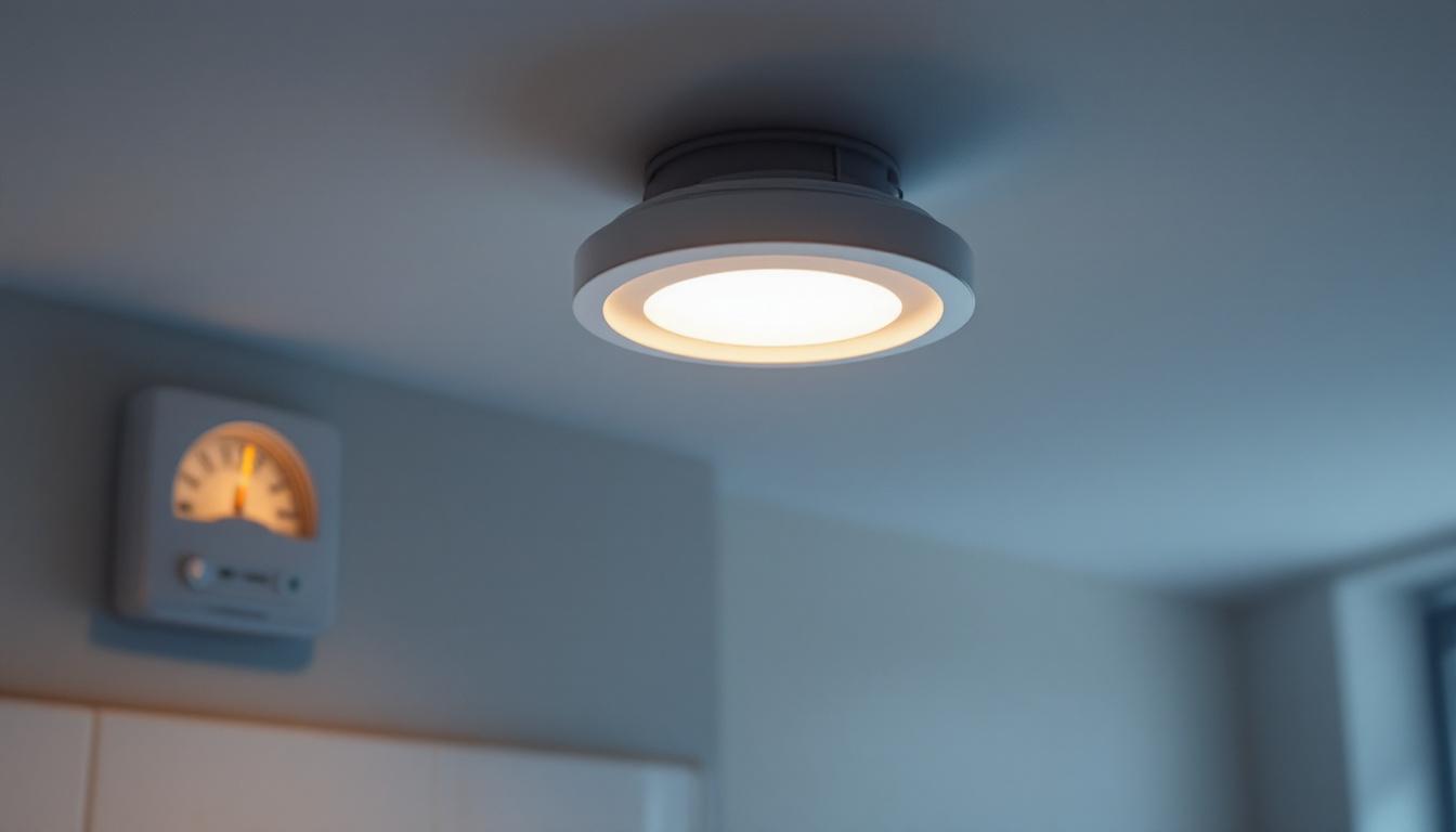 A photograph of a close-up shot of a 5-inch led pot light installed in a modern ceiling