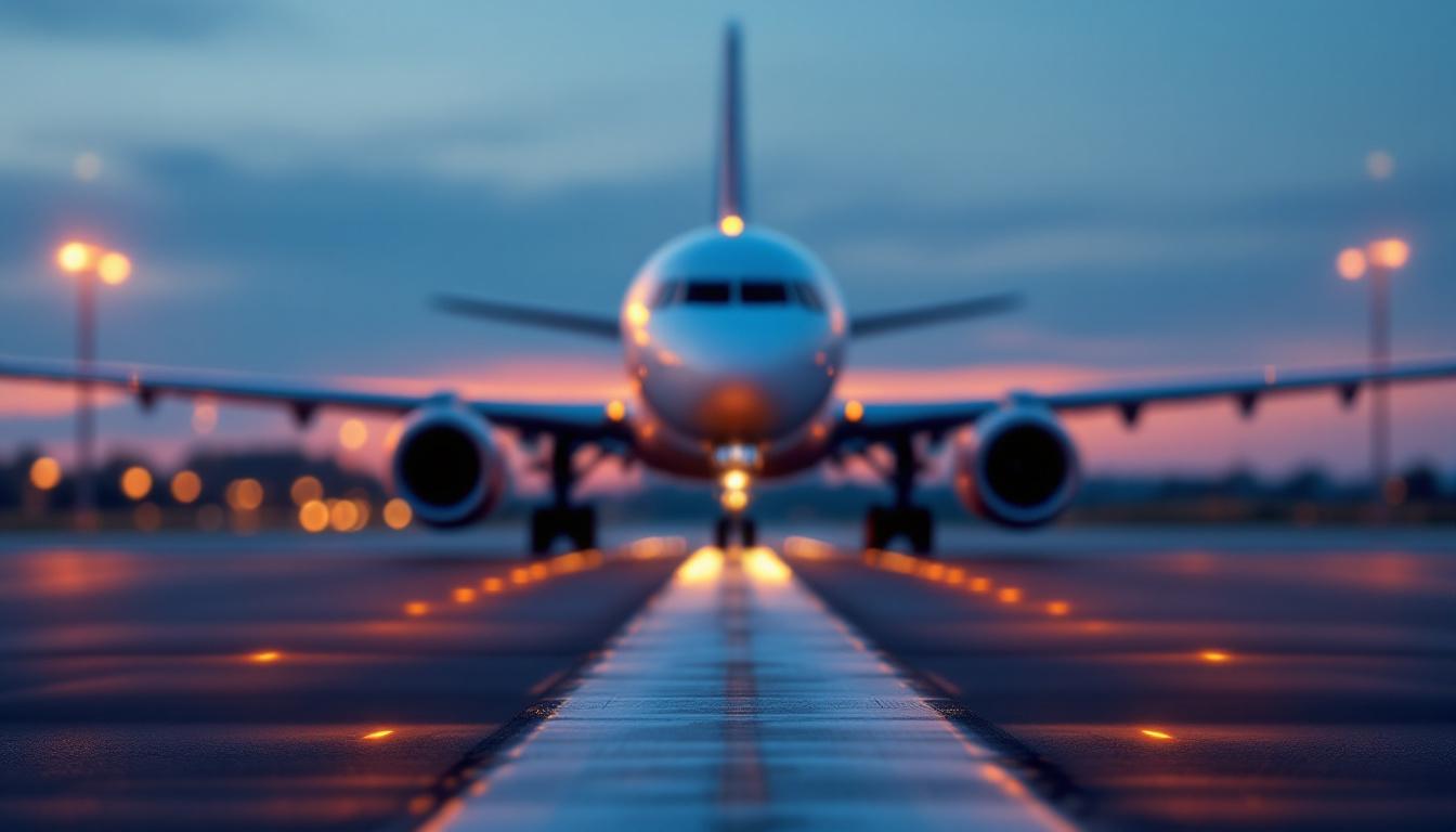 A photograph of a close-up view of runway lights illuminating an airport runway at dusk