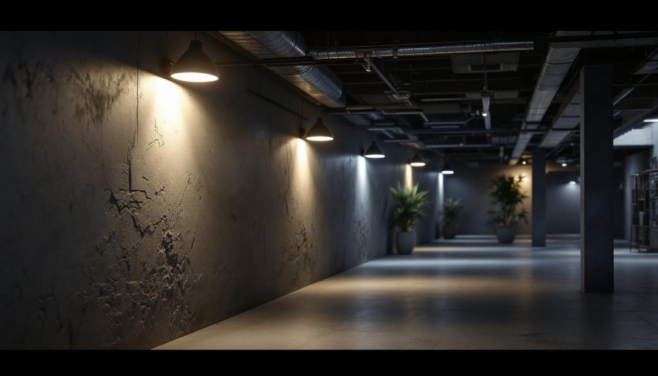 A photograph of a well-lit basement space featuring modern led lighting fixtures