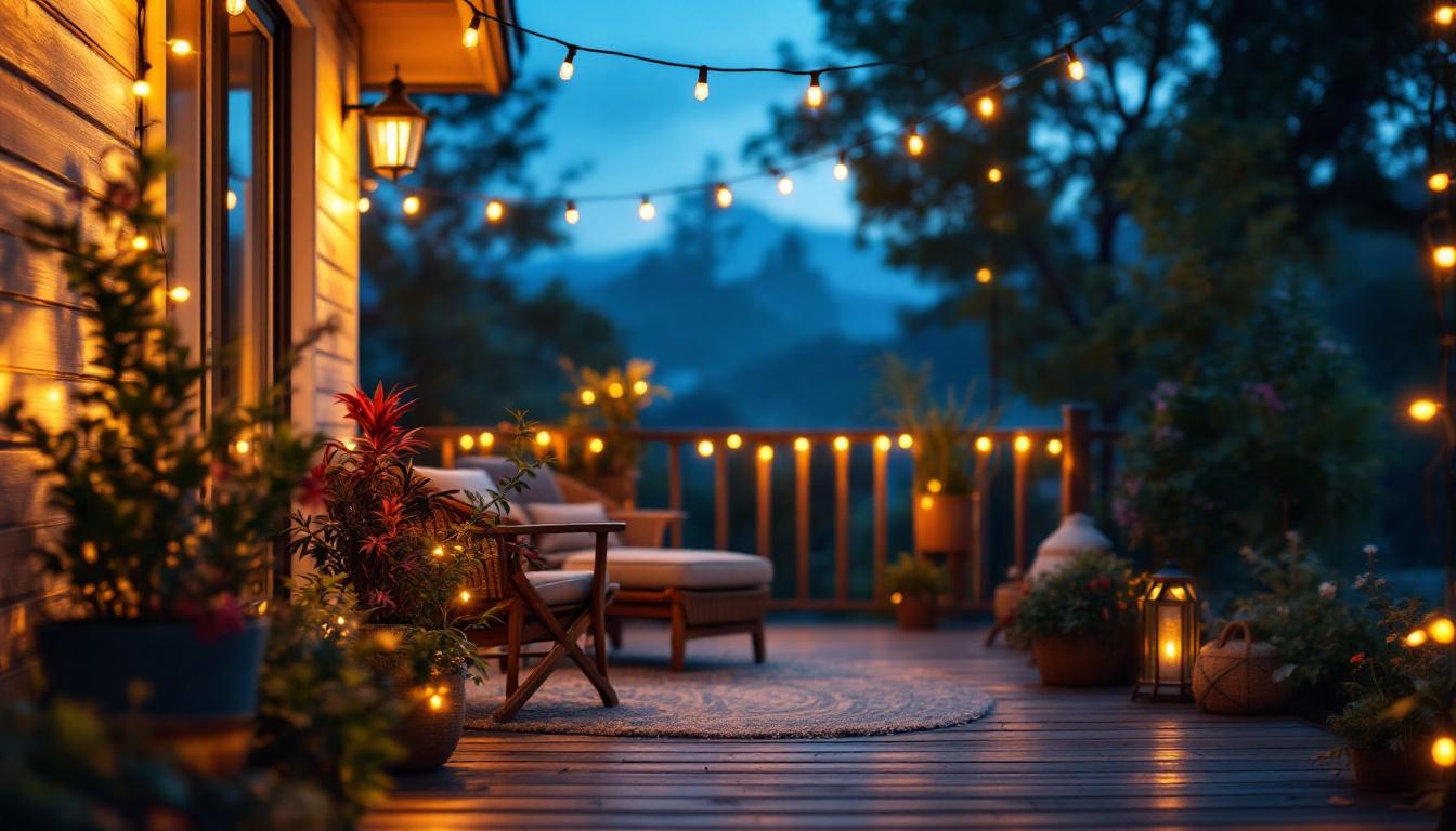 A photograph of a cozy porch adorned with solar string lights glowing softly at dusk