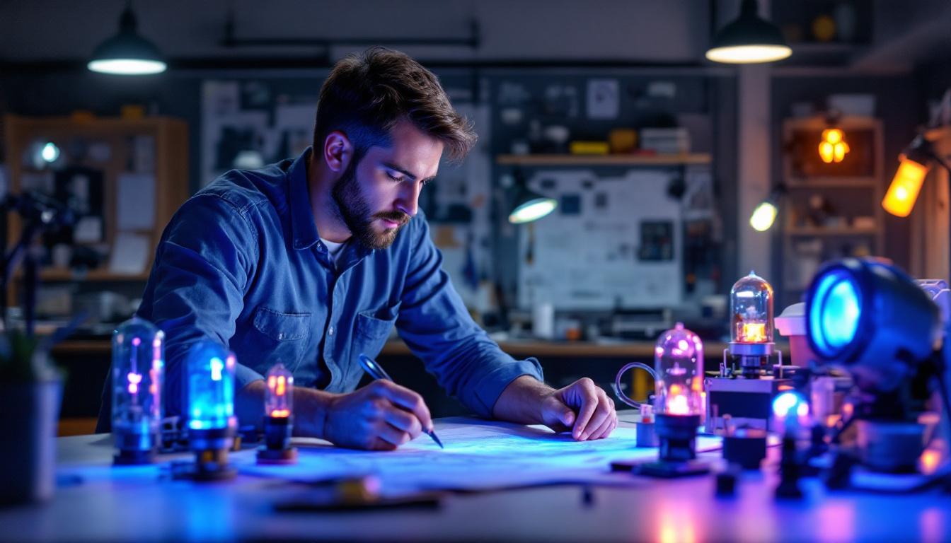 A photograph of a well-organized workspace featuring an electrical engineer examining various uv light sources