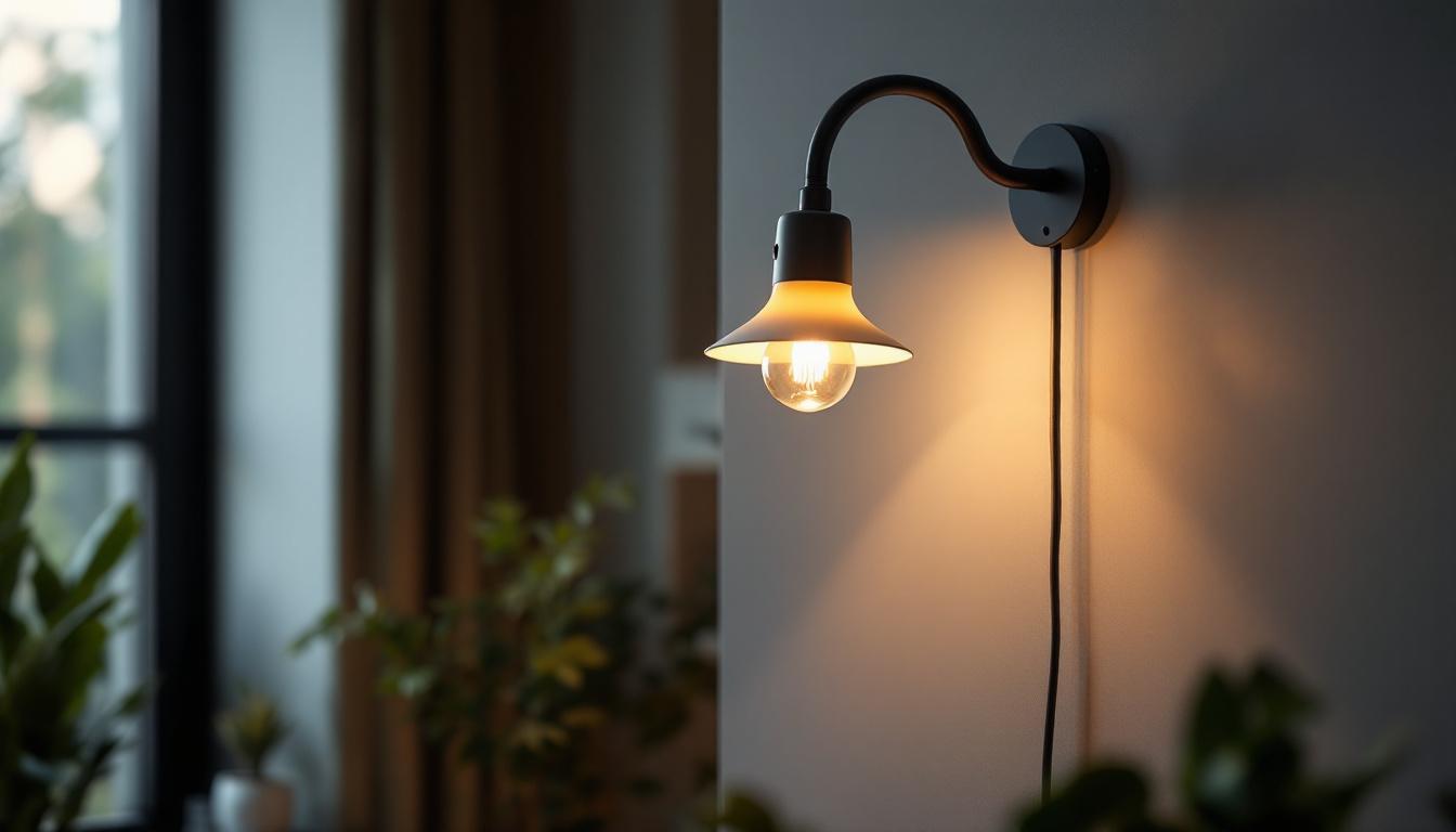 A photograph of a stylish gooseneck wall light installed in a well-lit