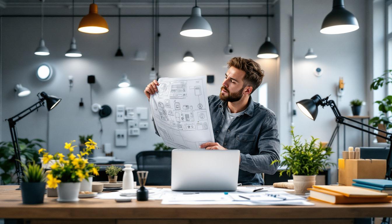 A photograph of a well-organized workspace featuring various types of light outlets and fixtures